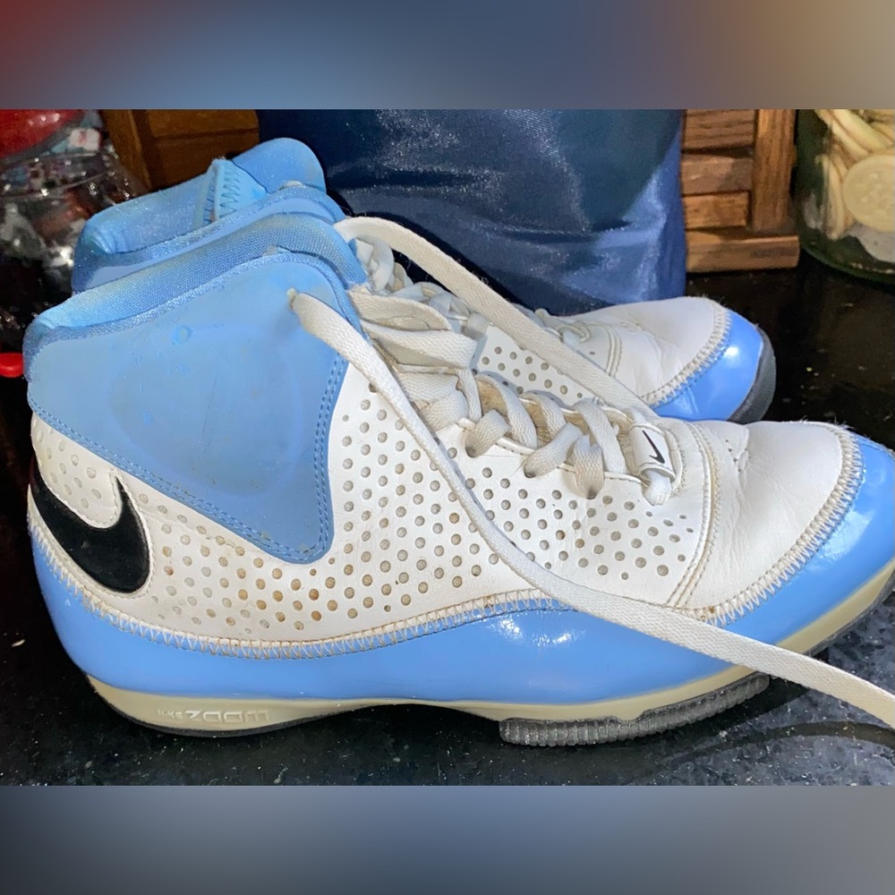 Nike Zoom BB line White and Light Blue High-Top Basketball Sneakers - Picture 2 of 6